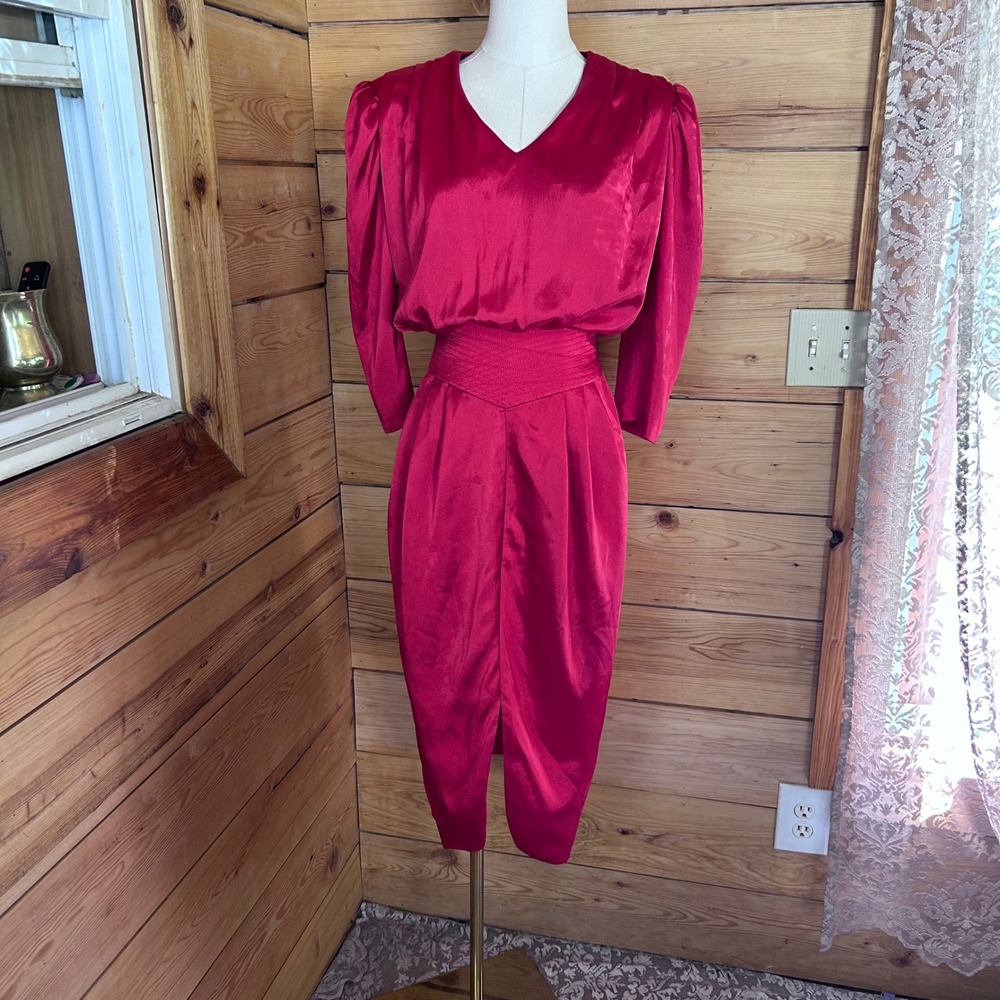 Vintage Satin Dress Womens Small Magenta Pink 80s Cocktail Party Glamoratzy